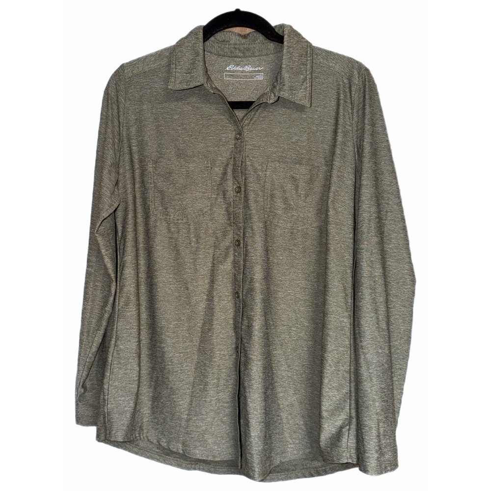 Eddie Bauer Womens Large Long Sleeve Button Down Shirt Heathered Green Hiking